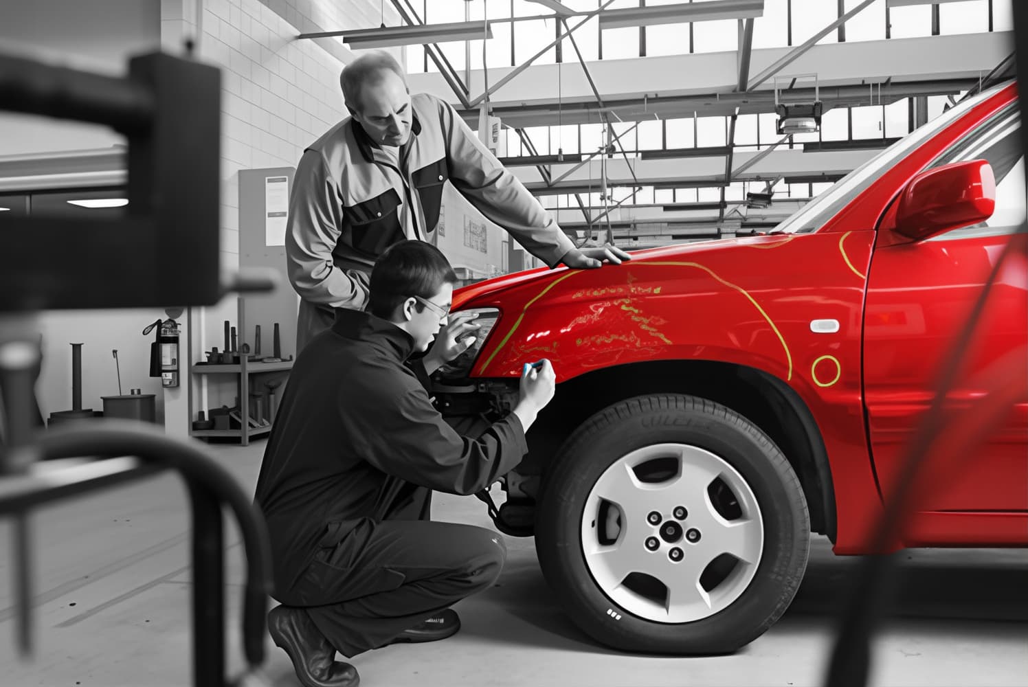 2 men fixing a car bumper