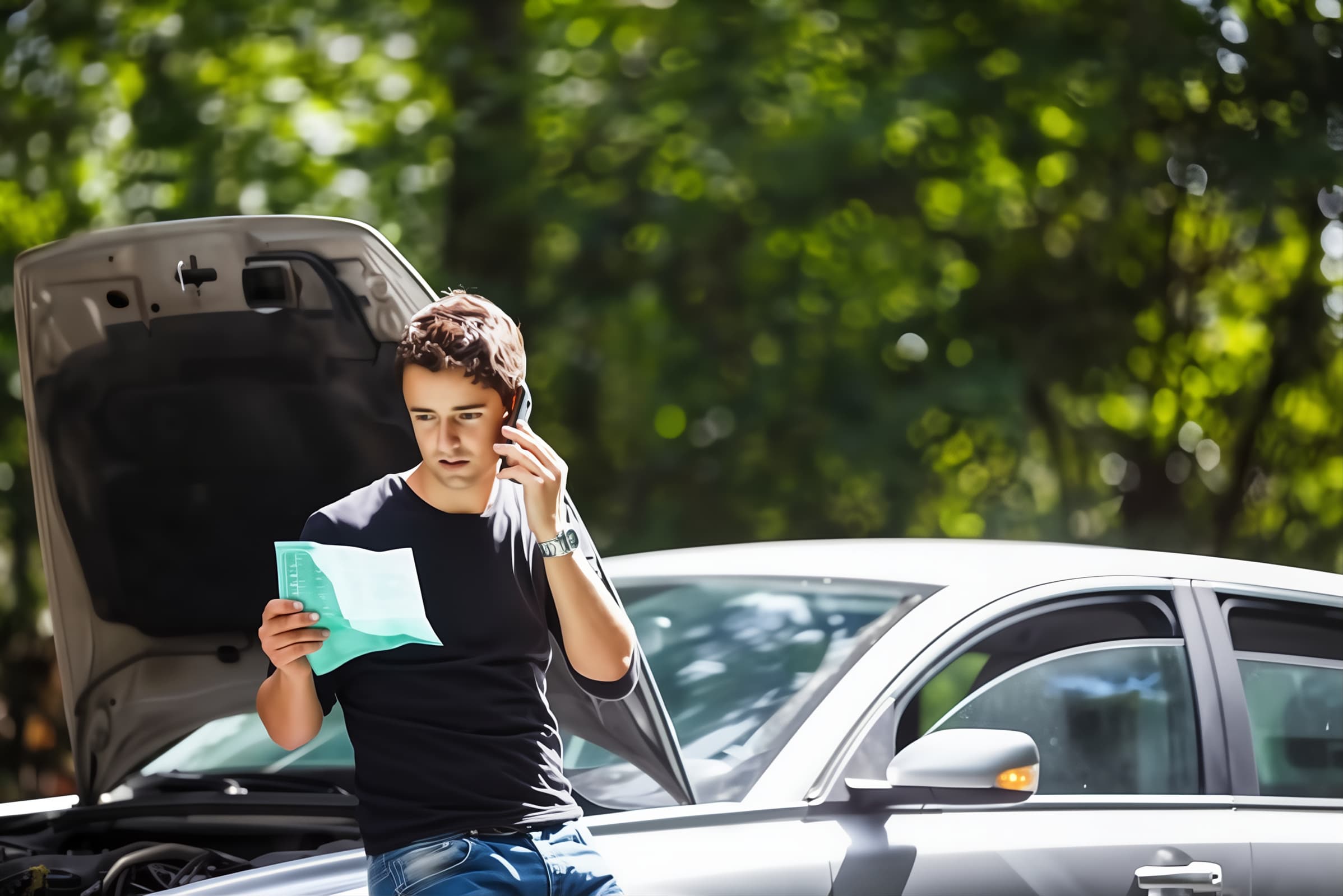 Man leaning on car hood looking at a piece of paper and talking on the phone
