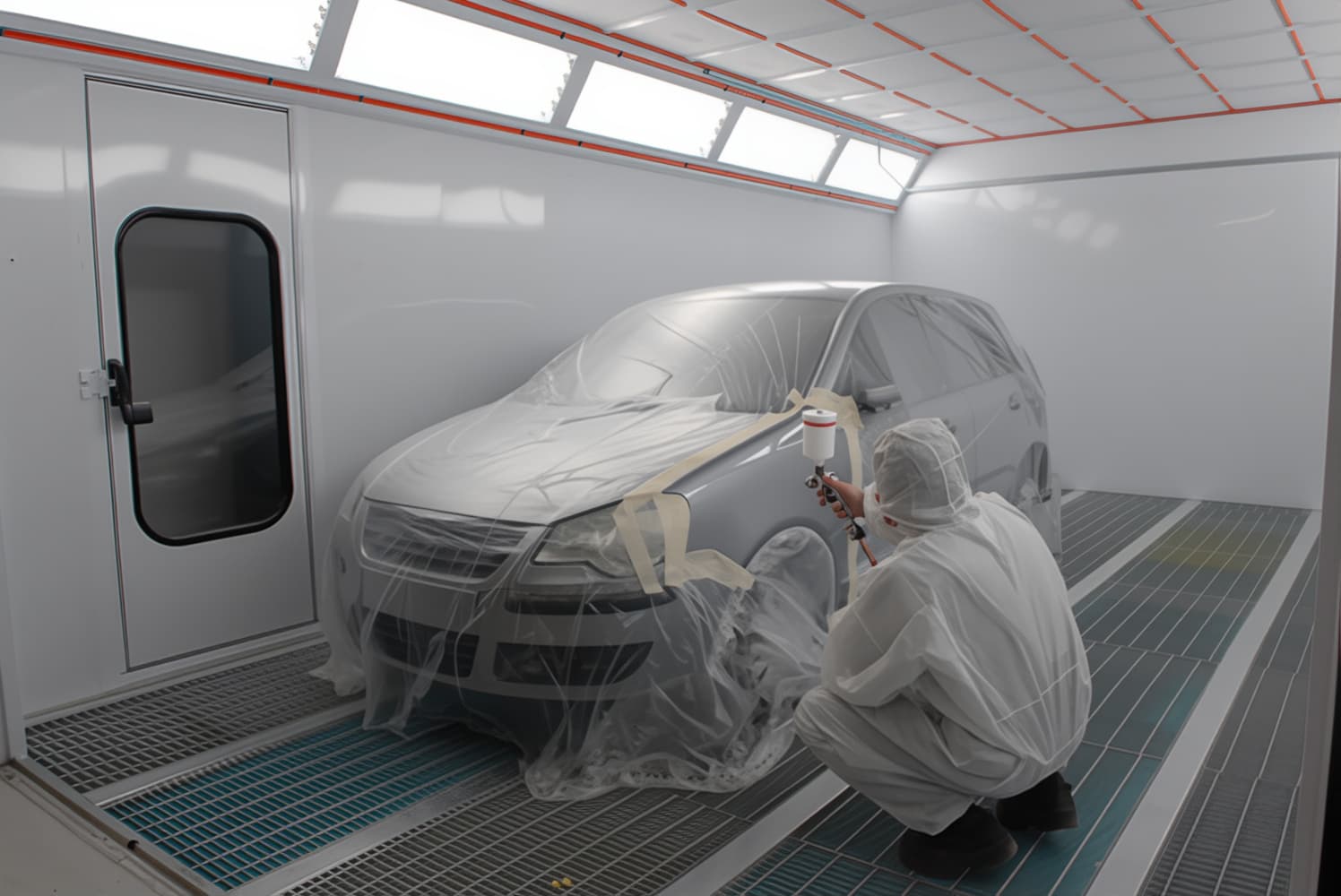 Person painting car fender